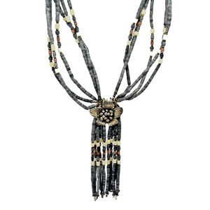 Multi 15 Strand Heishi Bead Necklace, Silver Floral Lariat, Ends & Clasp 24" VTG